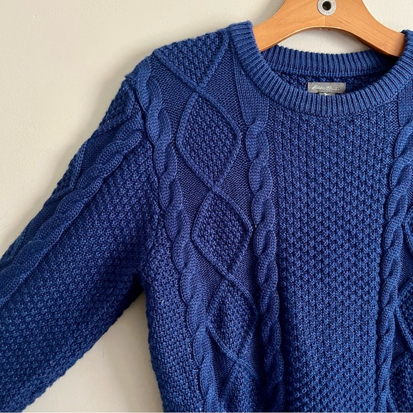 EUC Eddie Bauer Royal Blue Cozy Cable Knit Fisherman Crew Neck Grandpa Sweater - Picture 4 of 7